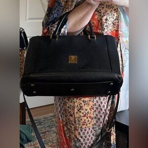 MCM Black Leather Satchel Crossbody with Gold-Tone Hardware